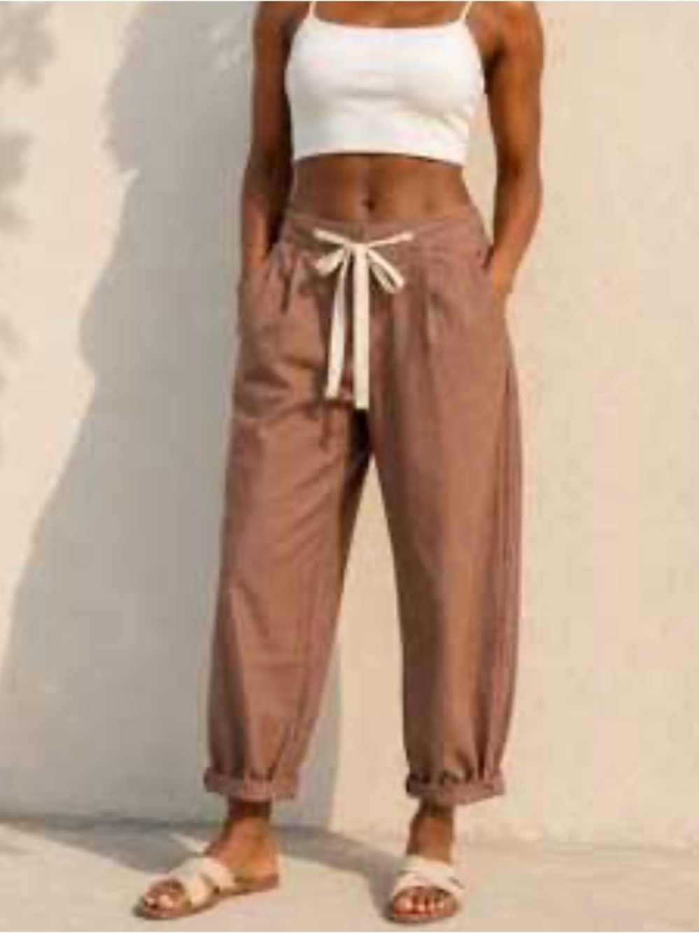 Aritzia Wilfred Allant Pants Nutmeg Cropped Trousers Drawstring Linen Blend 10